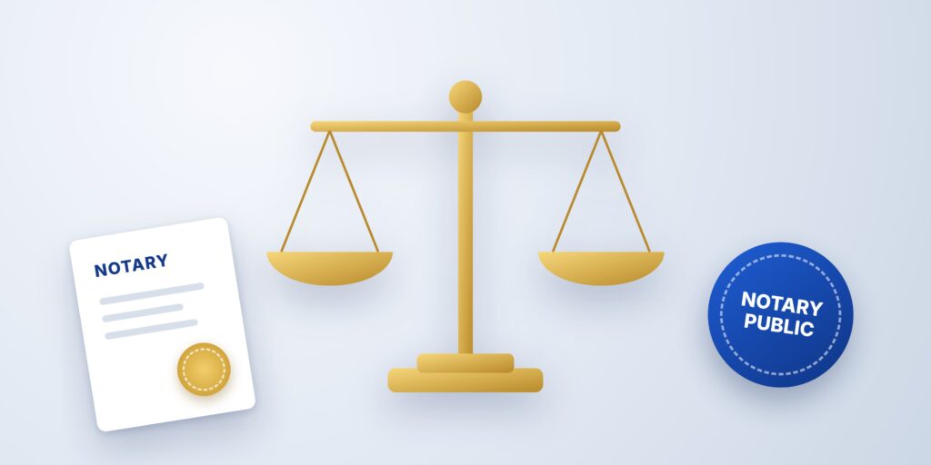 Balança da justiça e selo Notary Public